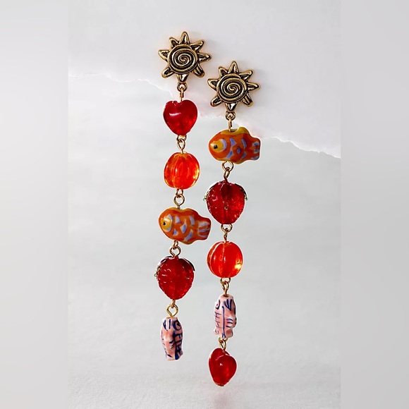 Free People Jewelry - New FREE PEOPLE $48 Euro Summer Dangles earrings Sun glass beads Red & Orange